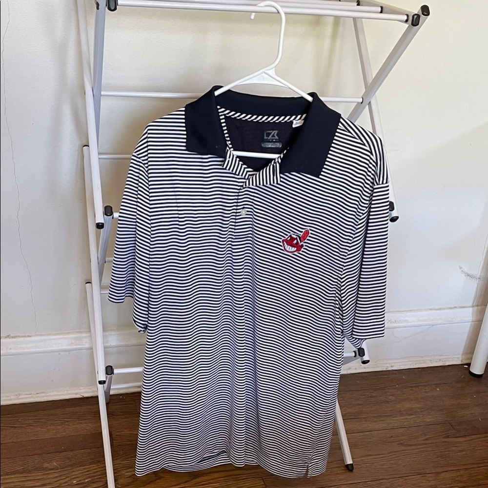 Cleveland Indians Chief Wahoo Striped Polo Shirt - Navy and White